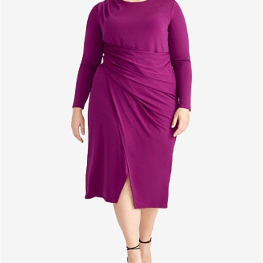RACHEL Rachel Roy Plus Size Purple Draped Faux Wrap Long Sleeve Sheath Dress